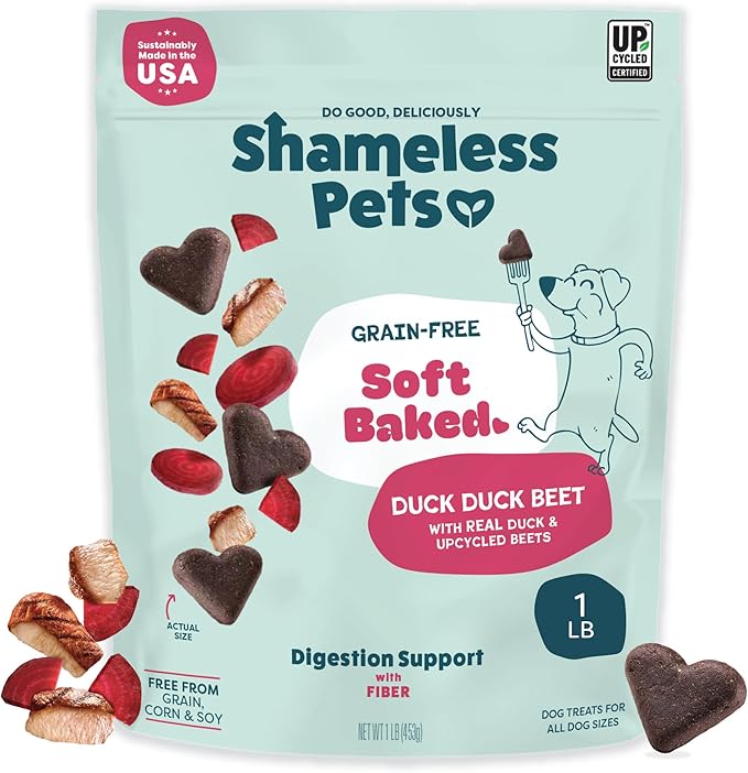 Shameless Pets Soft-Baked Dog Treats, Duck Duck Beet - Natural & Healthy Chews for Digestive Support with Fiber - Doggie Biscuits Baked & Made in USA, Free from Grain, Corn & Soy - 1-Pack
