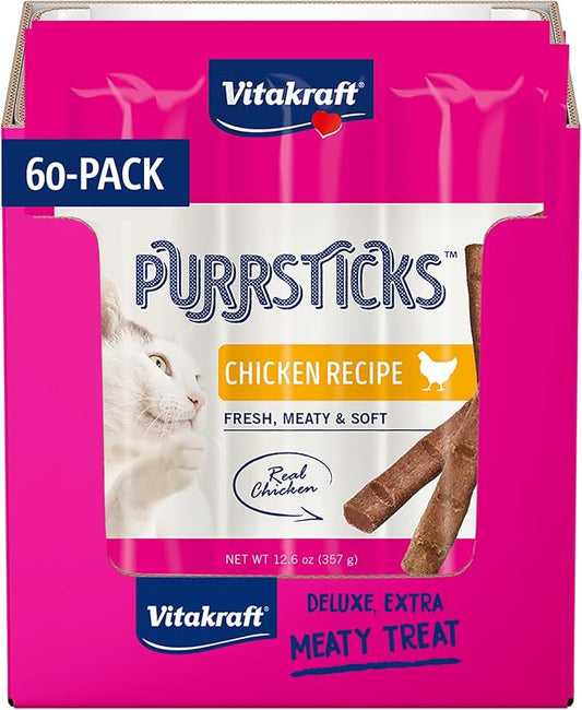 Vitakraft PurrSticks for Cats - Nutritious & Healthy Soft Cat Treats - Gently Oven Roasted Meat Sticks for Cats w/ 70% Meat - Easy-to-Serve Cat Chew Sticks (Chicken, 60 Pack)