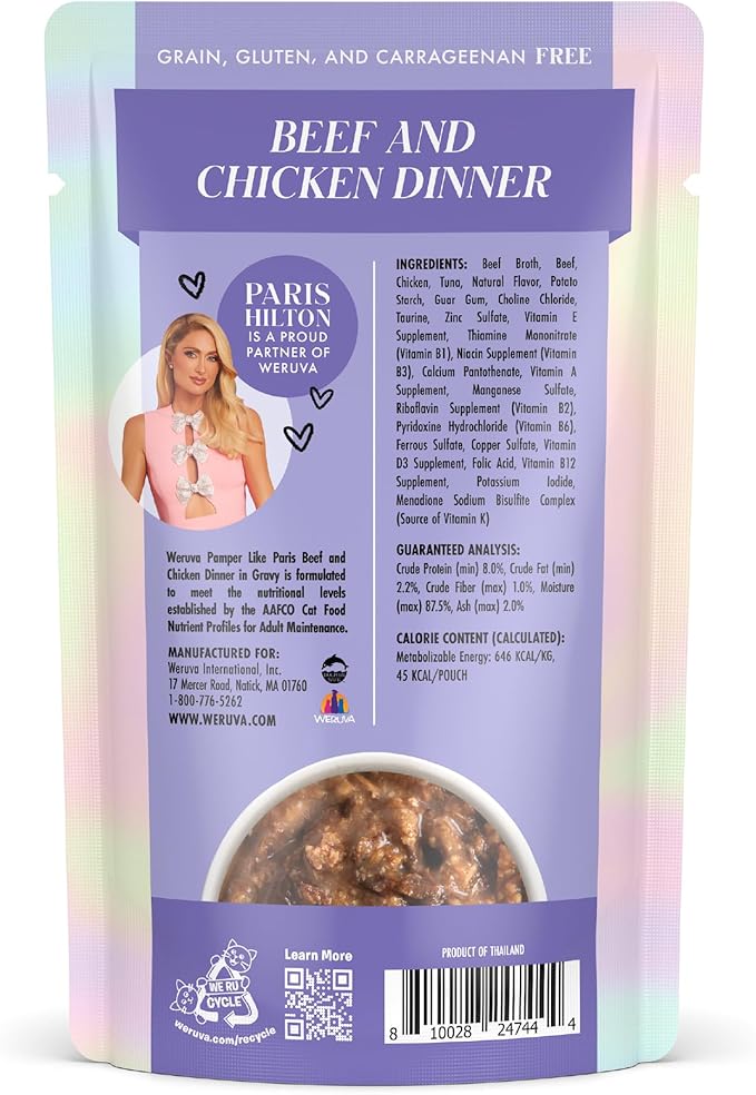 Weruva Paris Hilton Pamper Like Paris Wet Cat Food, Beef and Chicken in Gravy, 2.47oz Pouch, Pack of 12