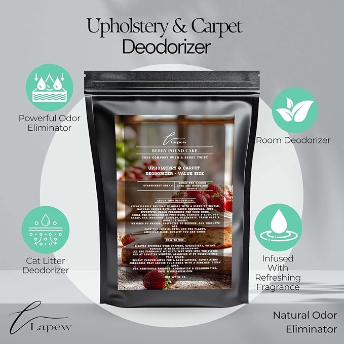 Berry Pound Cake Carpet Freshener Powder Refill 36 oz | Powerful Odor Eliminator for Home | Upholstery Deodorizer | Carpet Deodorizer | Pet Urine | Cat Litter Box | Strawberry Pound Cake Fragrance