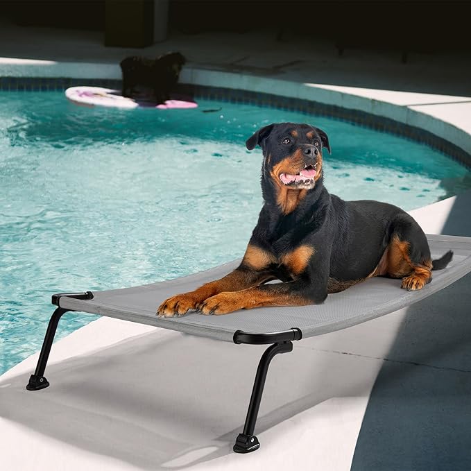 Veehoo Outdoor Elevated Dog Bed, Cooling Raised Dog Cot Bed XL, Portable Waterproof Curved Dogs Hammock Beds for Outside, up to 150lbs, Black Legs, Grey 49"