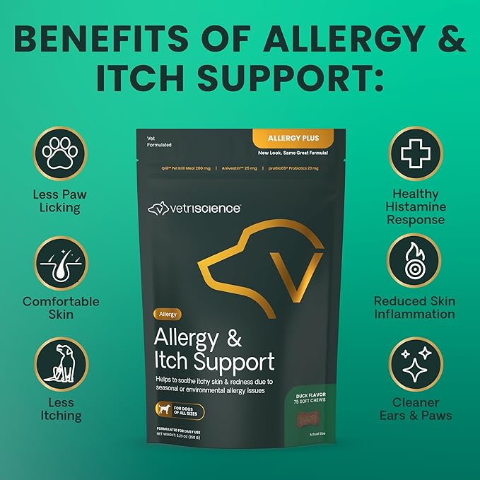 VetriScience Allergy & Itch Support Chews, Skin and Coat Supplement for Dogs, Allergy Chews for Itching, Scratching, and Licking, Support Skin and Immune Health, Duck, 75 Count