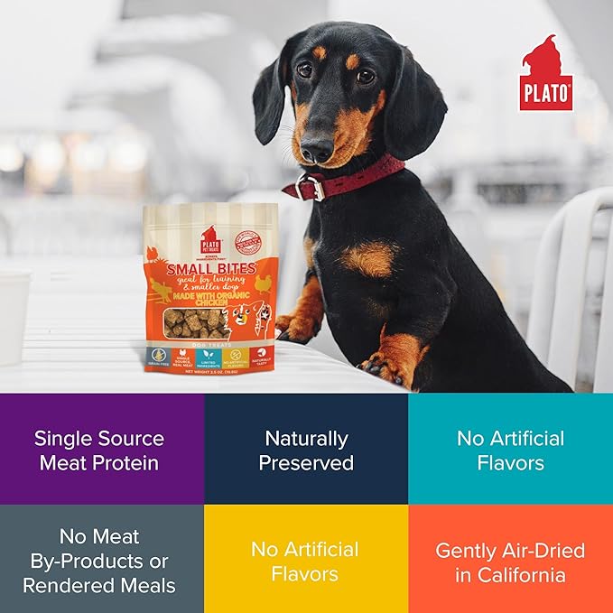 PLATO Small Bites Dog Treats, Natural Bite Sized Real Meat & Chicken Flavor, Grain Free & High in Protein, Air Dried Authentic Ingredients, 2 Calories Per Treat, Made in the USA, 2.5 Ounces