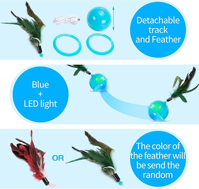 Cat Feather Toy Ball Automatic Moving Interactive Cat Toys for Indoor Cats, Self Rolling Electric Smart Tumbler Ball with Colorful Light and Big Feather Chasing Game (Blue)