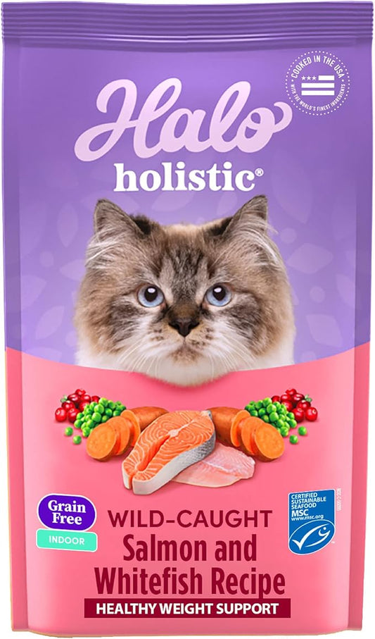 Halo Holistic Cat Food Wild Caught Salmon & Whitefish Formula, Grain Free Dry Cat Food, For Healthy Weight Support, Kibble for Indoor Cats, 10 lb Bag