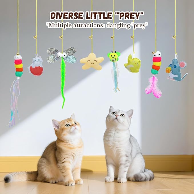 8 Pcs Interactive Cat Feather Teaser Toys with Bells,Retractable Hanging Design,Self-Play Fun for Kittens and Cats,Fun Exercise,Mental Physical Stimulation,Stress Relief for All Breeds