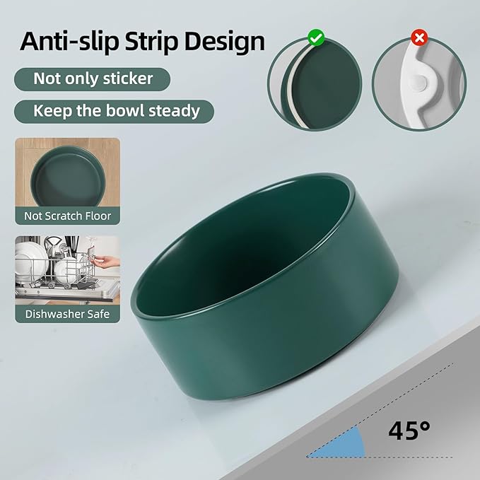 Non-Slip 8.2inch Ceramic Dog Food and Water Bowl for Large Breed Dogs, Pet Bowl for Replacement (Single Bowl, Green)