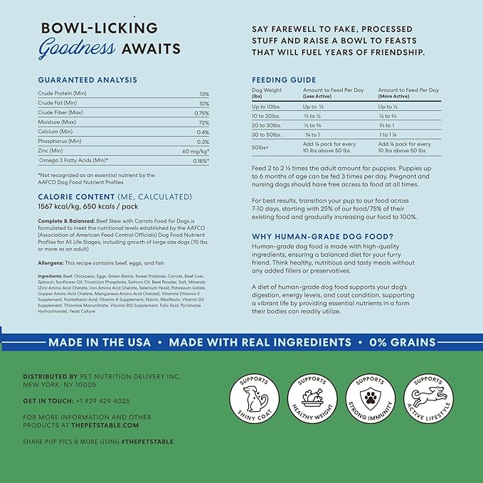 The Pets Table Human-Grade Beef Stew Fresh Dog Food, Dog Food Topper or Complete Meal, 6 Count of 15-oz Pouches, 5.5lbs