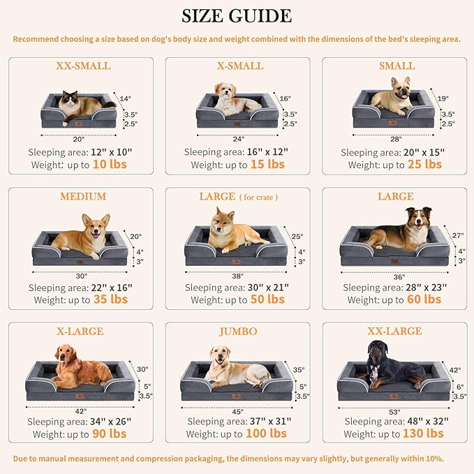 Comfort Expression Small Dog Beds Waterproof Orthopedic Foam Dog Sofa Beds for Small Dogs Comfy Pet Bed with Washable Removable Cover & Non-Slip Bottom(X-Small,Dark Grey)