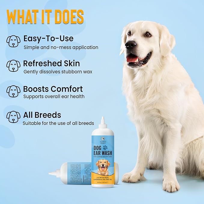 ALFIE'S CHOICE Dog Ear Wash Cleaner – Soothes Itchy Ears, Removes Wax & Odor – with Tea Tree Oil, Lavender & Witch Hazel – Gentle Ear Wash for Dogs & Cats 16 fl oz