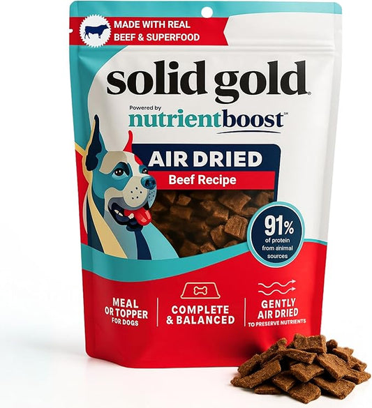 Solid Gold Air Dried Dog Food Toppers for Dry Food - Healthy Dog Treats w/Real Beef & Superfoods - Serve as a Complete Meal, Topper or Treats - Supports Muscle Growth, Immunity & Digestion - 4oz