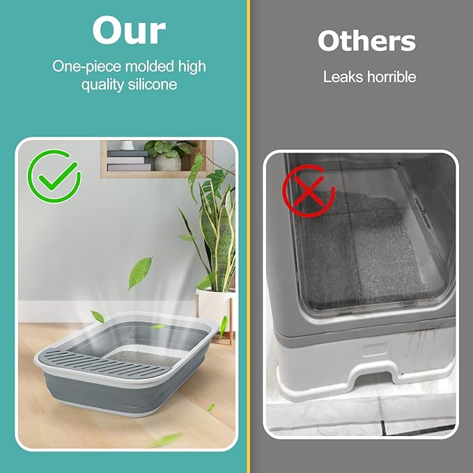 Open Top Cat Litter Box, Large Foldable Kitty Potty with Height-Adjustable Sides and Anti-Splash Design, Easy Clean with Cat Litter Scoop (Gray)