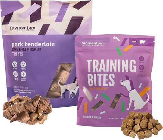 Momentum Carnivore Nutrition Freeze-Dried Pork Bundle –Pork Tenderloin Treats & Training Bites – Single Protein Dog & Cat Treats – Grain-Free, High Protein, USA Made – 3.5 oz and 2.5 oz