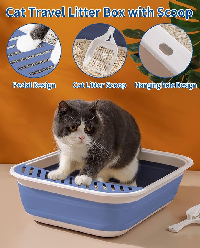 BNOSDM Collapsible Small Cat Litter Box for Kittens Open Potty Pan Foldable Cat Toilet with Scoop Senior Kitty Travel Shallow Litters Boxes Anti-Splash Waterproof Blue 17.7"×13.4"