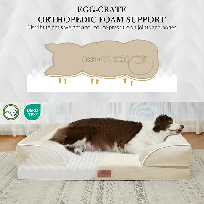 Comfort Expression XL Dog Beds for Extra Large Dogs, Waterproof Orthopedic Dog Bed with Bolster, Washable Pet Sofa Couch with Removable Cover & Non-Slip Bottom(X-Large,Beige)