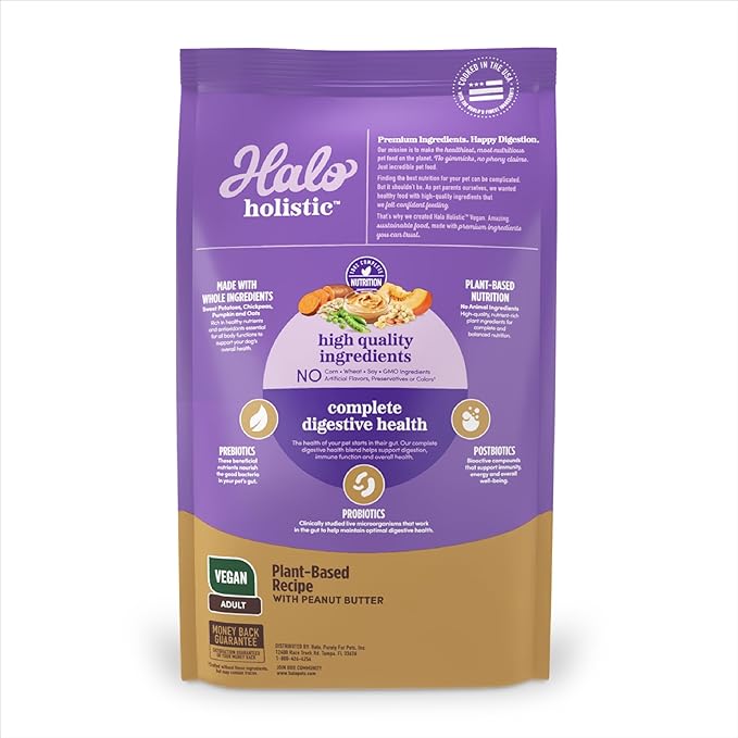 Halo Holistic Vegan Dog Food, Plant-Based Peanut Butter Recipe, Dry Dog Food, Complete Digestive Health, Kibble for Adult Dogs, 3.5 lb Bag