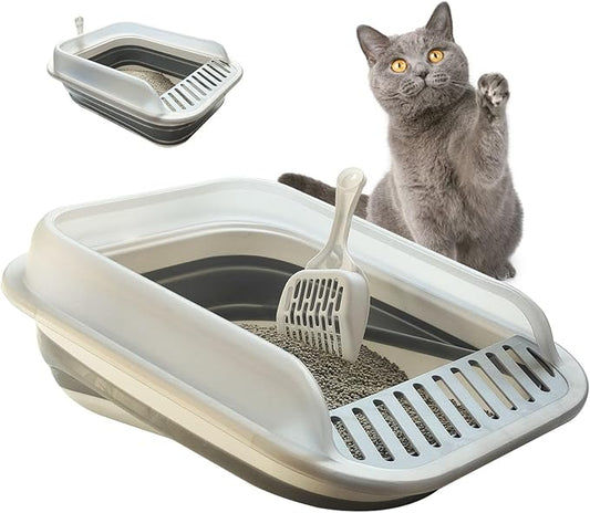 Open Cat Litter Box with High Side, Anti-Splashing Kitty Litter Pan Collapsible Travel Litter Potty Pan Scoop Leak-Proof Pedal Cat Toilet No Smell Easy Clean (M Gray High Side)