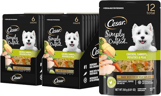 Cesar Simply Crafted Chicken, Carrots, Potatoes, & Peas Wet Dog Food Complement, 8.82 oz. Pouch (6 Count, Pack of 2)