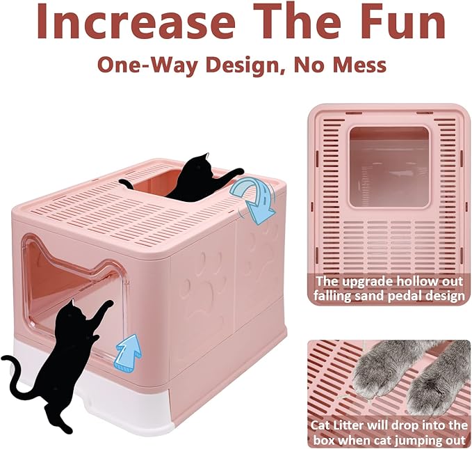 Foldable Cat Litter Box with Lid, Enclosed Potty, Large Top Entry Anti-Splashing Toilet, Easy to Clean Including Litter Scoop and 2-in-1 Cleaning Brush (Pink)