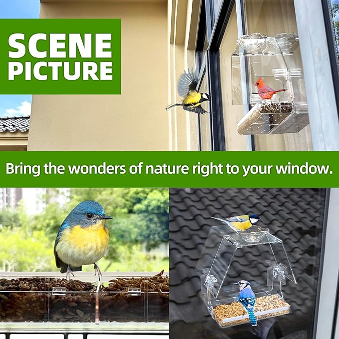 Window Bird Feeder with Non-Marking Self-Adhesive Hooks, Clear and Transparent, Outdoor Wild Bird Watching Gift, Garden Decor (with Large Window)