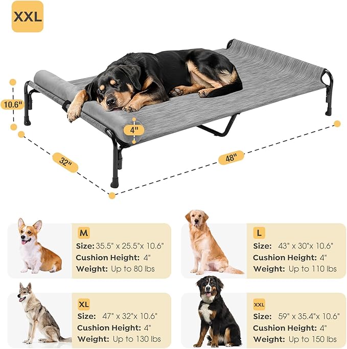 Veehoo Large Elevated Dog Bed, Outdoor Raised Dog Cot Hammock Bed with One-Sided Removable Headrest Bolster, Cooling Breathable Washable Teslin Mesh, Off Ground, Anti-Slip, XXL, CWC2204BCP