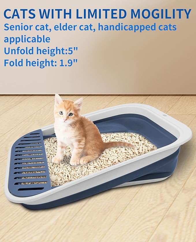 BNOSDM Senior Cat Litter Box Low Entry Kittens Travel Litter Box with Scoop Open Collapsible Shallow Cats Potty Pan Foldable Pet Toilet for Sick Disabled Older Elderly Cats Blue