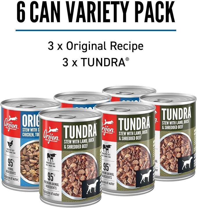 ORIJEN Real Meat Shreds Wet Dog Food Variety Pack: Tundra + Original Recipes 12.8oz Cans (6 Count, 3 of Each)