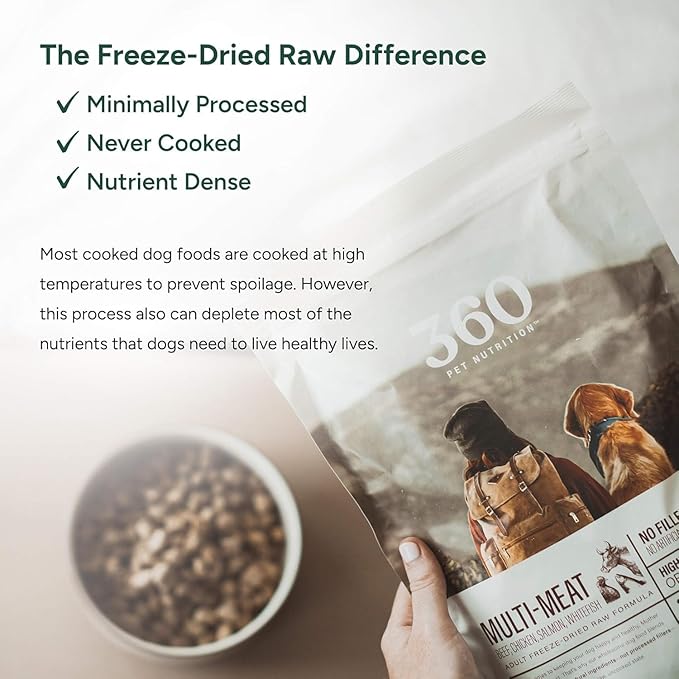 360 Pet Nutrition Freeze-Dried Raw Dog Food, High-Protein Multi-Protein Blend w/Beef, Chicken, Fish, Organs, Superfoods, No Fillers, 5 oz Trial Size Bites/Kibble – Made in USA
