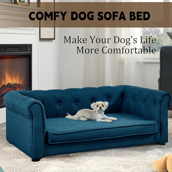 39" Dog Sofa Couch Bed for Small to Large Dogs, Soft Memory Foam Pet Sofa with Removable Cover, Comfortable Pet Couch with Backrest and Armrests, Easy to Clean and Maintain