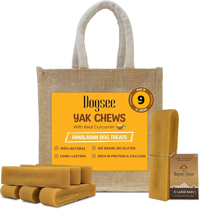 Dogsee Himalayan Yak Chews with Turmeric/Curcumin 3lb (XL - 9 Bars) | for Large Dogs | Dog Treats for Large Dogs | Help Alleviate Joint Pain | Rawhide-Free | Anti Inflamatory