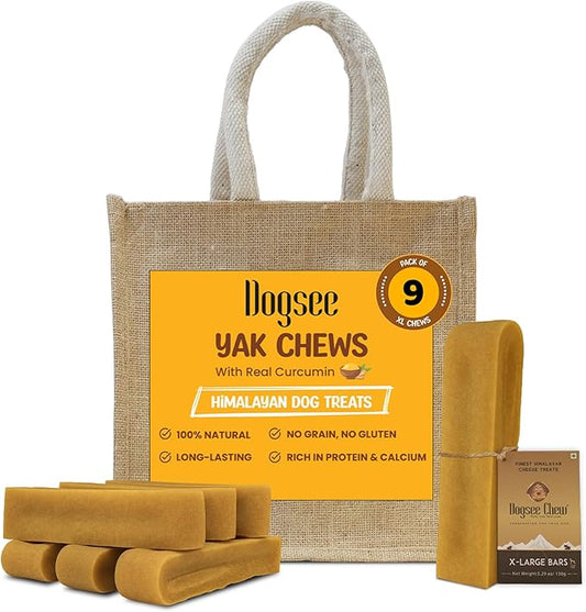 Dogsee Himalayan Yak Chews with Turmeric/Curcumin 3lb (XL - 9 Bars) | for Large Dogs | Dog Treats for Large Dogs | Help Alleviate Joint Pain | Rawhide-Free | Anti Inflamatory