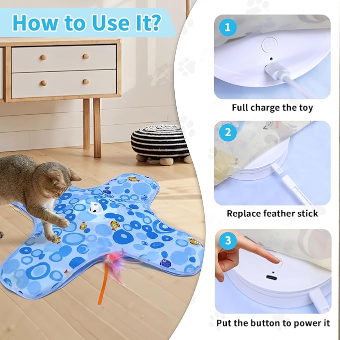 DFQ Interactive Cat Toys Chargeable, 2 in 1 Automatic Hide and Seek Cat Toys with Moving Concealed Feather Hidden in Bag,Touch Activated Cat Kitten Toys for Indoor Bored Adult Cats,Blue