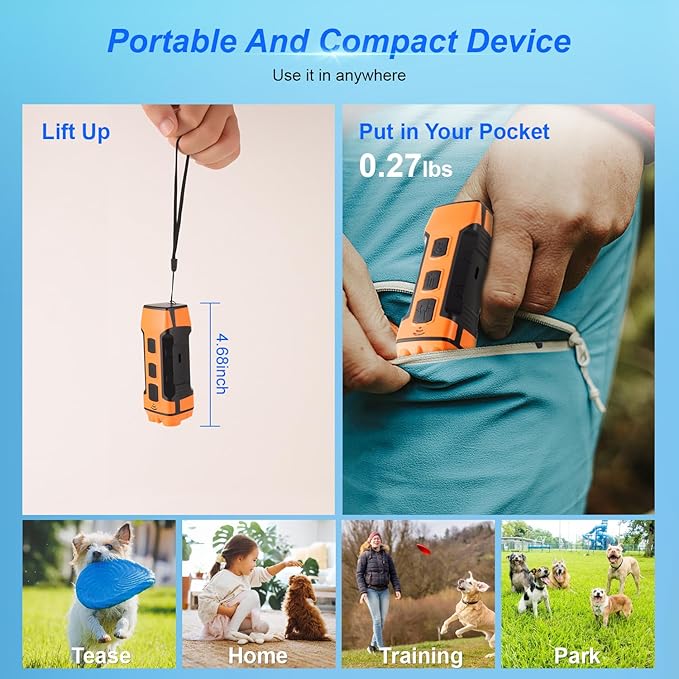 Dog Bark Deterrent Devices Anti Barking Device for Dogs 5in1 Solution for Dog Behavior Problems Safe Portable Flashlight & Beep for Small, Medium & Large Dogs Orange