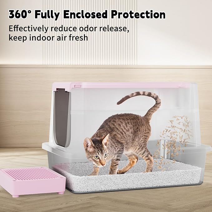 RIZZARI Stainless Steel Cat Litter Box, Enclosed Top-Entry Design, Large Capacity High-Sided Leak Proof Litter Pan for Cats, Easy Clean Pet Toilet (Pink)