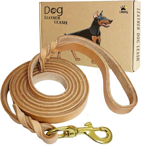 LWBMG Leather Dog Leash 6ft x 3/4 inch Heavy Duty Dog Training Leash, Strong Sturdy Genuine Leather Braided Pet Leashes, Soft and Comfortable Cowhide Pet Lead for Large, Medium and Small Dogs Tan