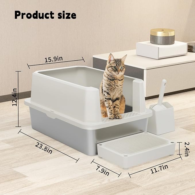 RIZZARI Stainless Steel Cat Litter Box, Semi-Closed Litter Box with High Edges, Large Odorless Litter Pan with for Small to Large Cats (Beige, 1 Pack)