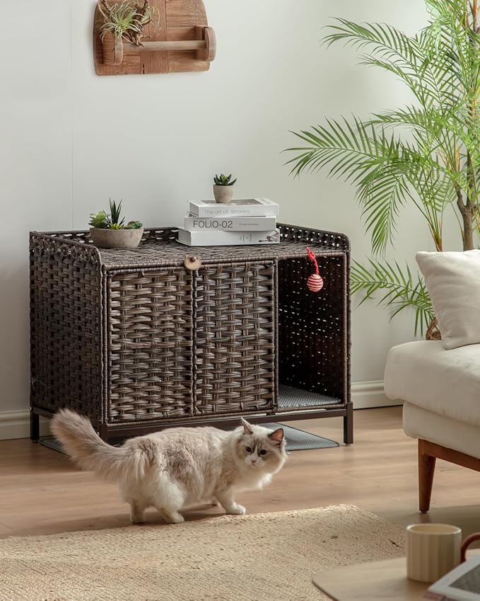 Cat Litter Box Enclosure Furniture with Divider, Handwoven Rattan Litter Box with Mat, 31.2 x 19.6 x 24.2 Inches, Metal Heightened Feet, Hidden Cat House for Living Room, Bedroom (Brown)