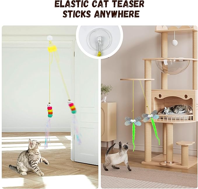 8 Pcs Interactive Cat Feather Teaser Toys with Bells,Retractable Hanging Design,Self-Play Fun for Kittens and Cats,Fun Exercise,Mental Physical Stimulation,Stress Relief for All Breeds