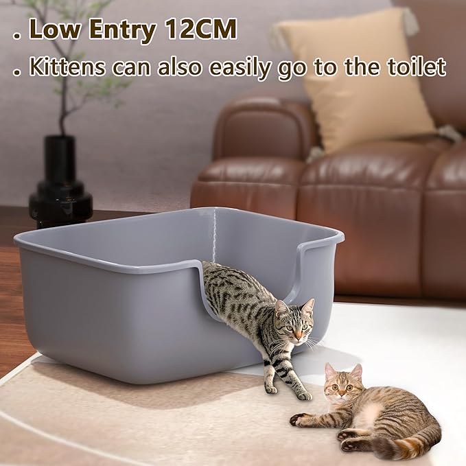 Large Cat Litter Box with High Sides, Open Kitty Litter Boxes Anti-Splashing for Indoor Cat Low Entry Cat Litter Pan for Small and Elderly Cats, Tool-Free Assembly(19.7” * 15.76” * 8.67” Grey)