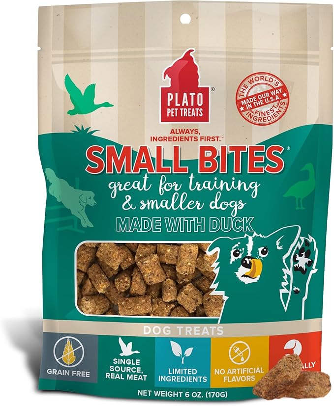 Plato Pet Treats Air Dried Small Bites Dog Treats, Natural Bite Sized Real Meat & Duck, Grain Free & High Protein, Made in the USA, 6oz