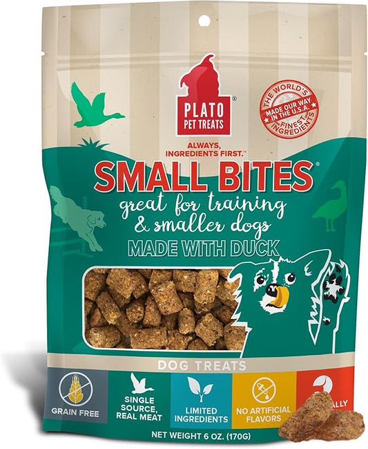 Plato Pet Treats Air Dried Small Bites Dog Treats, Natural Bite Sized Real Meat & Duck, Grain Free & High Protein, Made in the USA, 6oz