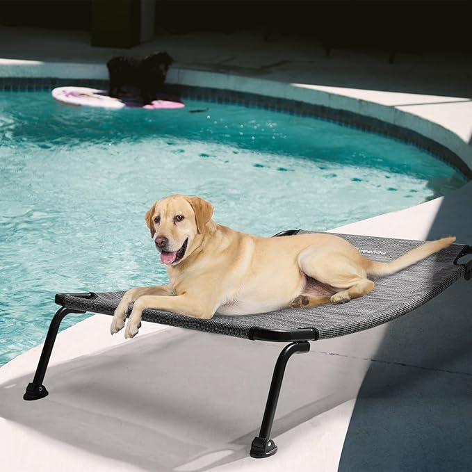 Veehoo Outdoor Elevated Dog Bed, Cooling Raised Dog Cots Beds for Large Dogs, Portable Waterproof Curved Dogs Hammock Bed for Outside, up to 120lbs, Black Legs, Black Silver 42"