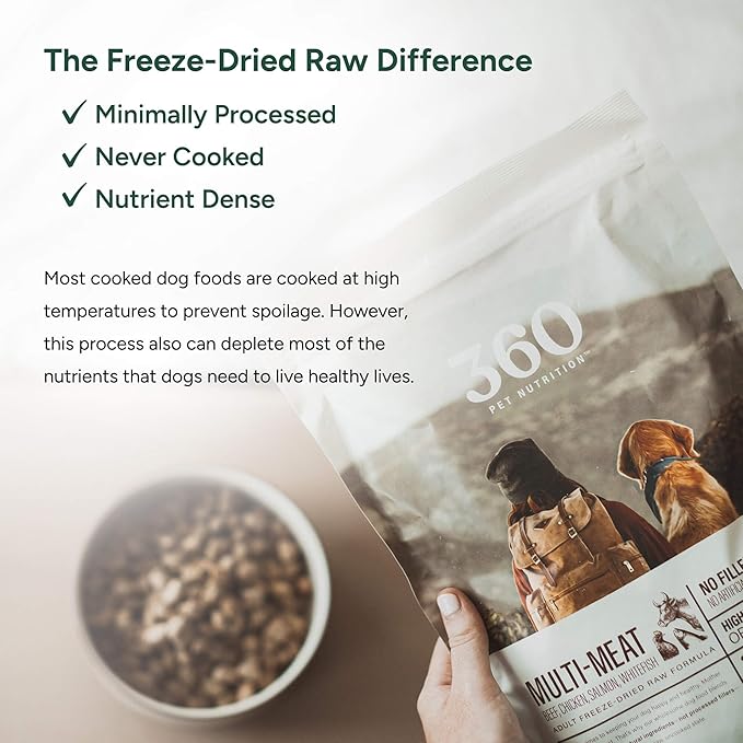 360 Pet Nutrition Freeze-Dried Raw Dog Food, High-Protein Complete Meal w/Beef, Chicken, Fish, Organs, Superfoods, No Fillers, 16 oz Bites/Kibble (Multi-Protein) – Made in USA
