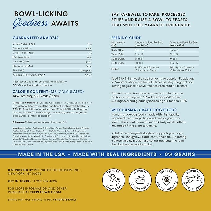 The Pets Table Human-Grade Chicken Casserole Fresh Dog Food, Dog Food Topper or Complete Meal, 6 Count of 34-oz Pouches, 12.7lbs