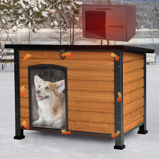 Aivituvin Dog House Outdoor & Indoor Wooden Dog Kennel for Winter with Raised Feet Weatherproof for Small & Medium & Large Dogs,Unique All-Around Iron Frame (Brown, M)