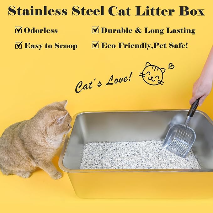 LIHONG Stainless Steel Cat Litter Box,Extra Large Metal Litter Box for Big Cats Kitty Rabbits,No Smell,Non Stick,Easy to Clean(24" Lx16 Wx6 H,XL)