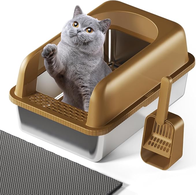 Stainless Steel Cat Litter Box with Lid, 24" L x 16" W x 11.8" H, Large Cat Litter Box for Multiple Cats with High Sided, No-Leak & Stick, Easy to Clean, Includes Litter Mat & Multi Functional Scoop
