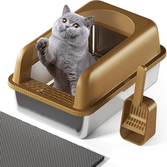 Stainless Steel Cat Litter Box with Lid, 24" L x 16" W x 11.8" H, Large Cat Litter Box for Multiple Cats with High Sided, No-Leak & Stick, Easy to Clean, Includes Litter Mat & Multi Functional Scoop
