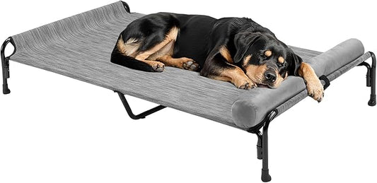 Veehoo Large Elevated Dog Bed, Outdoor Raised Dog Cot Hammock Bed with One-Sided Removable Headrest Bolster, Cooling Breathable Washable Teslin Mesh, Off Ground, Anti-Slip, XXL, CWC2204BCP