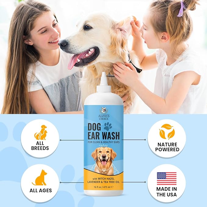 ALFIE'S CHOICE Dog Ear Wash Cleaner – Soothes Itchy Ears, Removes Wax & Odor – with Tea Tree Oil, Lavender & Witch Hazel – Gentle Ear Wash for Dogs & Cats 16 fl oz